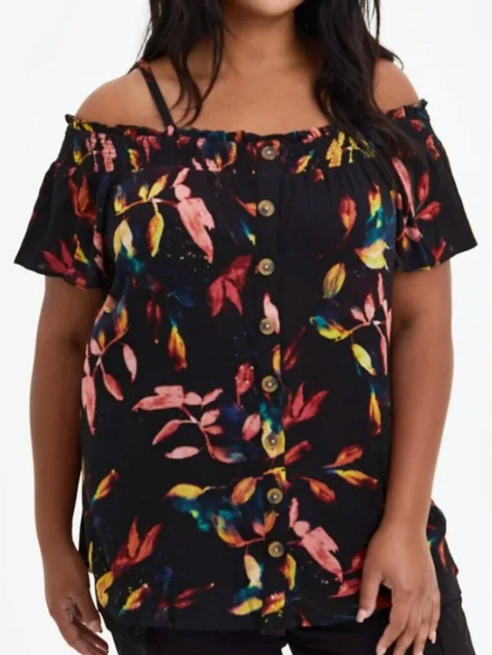 TORRID 1 Plus Size Rayon Crepe Smocked Cold Shoulder Top Black Floral Leaf Boho